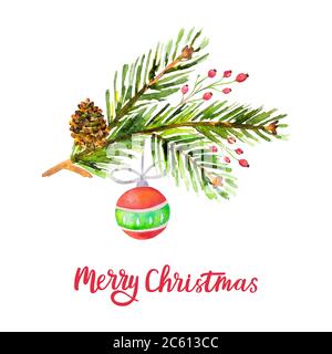 Aquarell Frohe Weihnachten Hintergrund mit Kiefernästen, Kegel, Stechbeeren, weihnachtskugel isoliert auf weißem Hintergrund. Blumenmuster für den Urlaub Stock Vektor