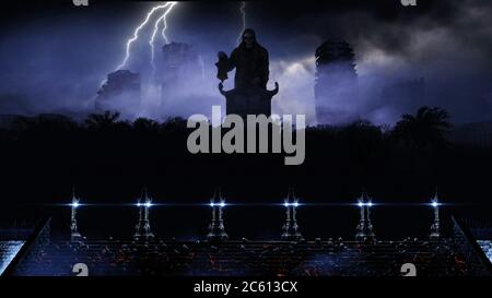 Apokalypse Stadt im Nebel. Luftaufnahme der zerstörten Stadt. Apokalypse-Konzept. 3d-Rendering. Stockfoto