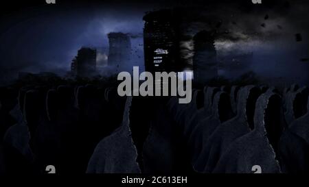 Apokalypse Stadt im Nebel. Luftaufnahme der zerstörten Stadt. Apokalypse-Konzept. 3d-Rendering. Stockfoto