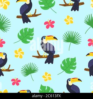 Toucan-Muster. Exotische tropische Textur für Druck, Banner, Poster Vorlage. Tropisches Nahtmuster. Cartoon Doodle Hintergrund. Vektorgrafik Stock Vektor