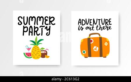 Sommerkarten-Set. Bunte Poster mit Handschriftzug. Sommer Urlaub Banner Kollektion mit handgezeichneten tropischen Früchten, Koffer. Vektor Stock Vektor