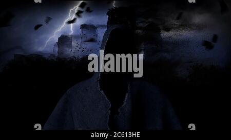 Apokalypse Stadt im Nebel. Luftaufnahme der zerstörten Stadt. Apokalypse-Konzept. 3d-Rendering. Stockfoto