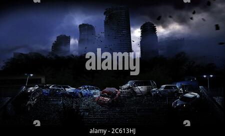 Apokalypse Stadt im Nebel. Luftaufnahme der zerstörten Stadt. Apokalypse-Konzept. 3d-Rendering. Stockfoto