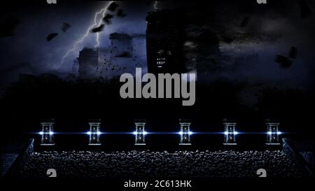 Apokalypse Stadt im Nebel. Luftaufnahme der zerstörten Stadt. Apokalypse-Konzept. 3d-Rendering. Stockfoto