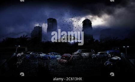 Apokalypse Stadt im Nebel. Luftaufnahme der zerstörten Stadt. Apokalypse-Konzept. 3d-Rendering. Stockfoto