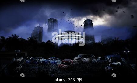 Apokalypse Stadt im Nebel. Luftaufnahme der zerstörten Stadt. Apokalypse-Konzept. 3d-Rendering. Stockfoto