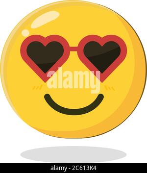 Niedliche lächelnde Emoticon trägt Herz Sonnenbrille. Cartoon isolierte Vektor-Illustration auf weißem Hintergrund Stock Vektor