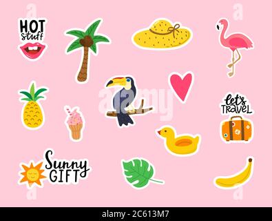 Sommer Sticker Kollektion auf rosa Hintergrund. Niedliche Doodle Design-Elemente für Karten, Poster, Party-Einladung. Sommerfest. Vektor Stock Vektor