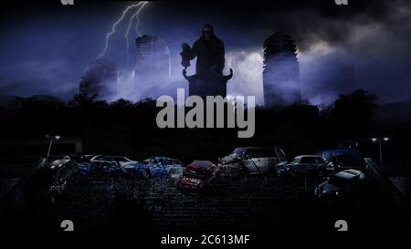 Apokalypse Stadt im Nebel. Luftaufnahme der zerstörten Stadt. Apokalypse-Konzept. 3d-Rendering. Stockfoto