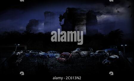 Apokalypse Stadt im Nebel. Luftaufnahme der zerstörten Stadt. Apokalypse-Konzept. 3d-Rendering. Stockfoto