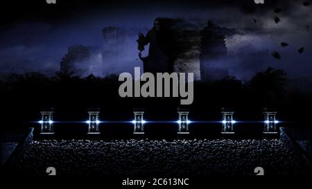 Apokalypse Stadt im Nebel. Luftaufnahme der zerstörten Stadt. Apokalypse-Konzept. 3d-Rendering. Stockfoto