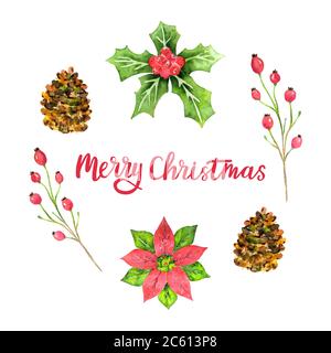 Frohe Weihnachten Aquarell Grußkarte. Design-Vorlage für Weihnachten. Blumenmuster im Weihnachtsdekart. Vektorgrafik. Stock Vektor