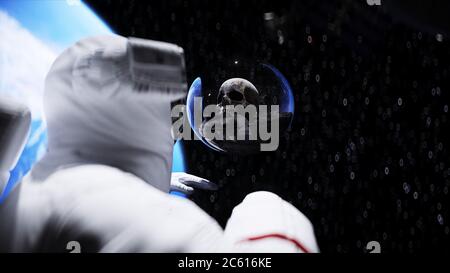 Astronaut und menschlicher Schädel im Weltraum in Glaskugel. Apokalypse-Konzept. 3d-Rendering. Stockfoto