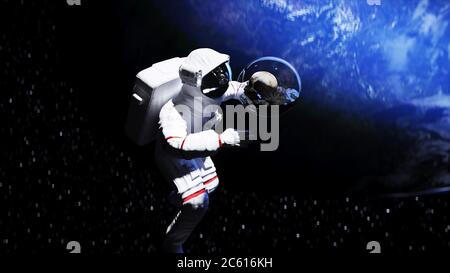 Astronaut und menschlicher Schädel im Weltraum in Glaskugel. Apokalypse-Konzept. 3d-Rendering. Stockfoto