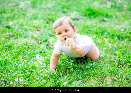 Niedliches Kind in weißem Body lernt zu kriechen. Gesundes Kleinkind kriecht im Sommer auf grünem Gras Stockfoto