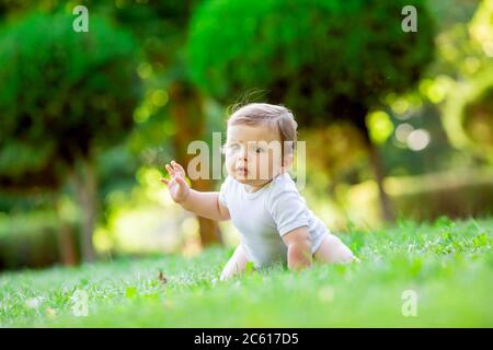 Niedliches Kind in weißem Body lernt zu kriechen. Gesundes Kleinkind kriecht im Sommer auf grünem Gras Stockfoto