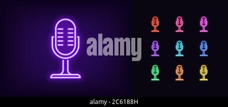 Neonmikrofon-Symbol. Glowing Neon mike Zeichen, Satz von isolierten Podcast Symbol in lebendigen Farben. Aufnahmegerät und Stimmmikrofon. Helles Symbol, Zeichen, Symbo Stock Vektor