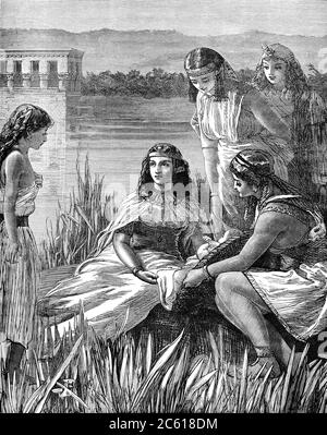 Eine gravierte Illustration des Kindes Moses gefunden unter den Binsen aus einem viktorianischen Buch datiert 1883, das nicht mehr im Urheberrecht Stockfoto