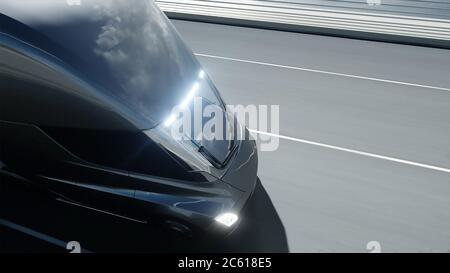 3d-Modell der futuristischen Elektro-LKW auf der Brücke. Elektroauto. 3d-Rendering. Stockfoto