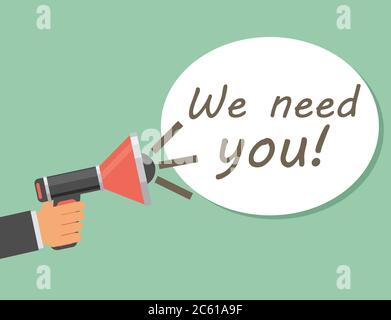 Megaphone Hand mit Text Wir brauchen Sie, Vektor-Illustration Stock Vektor