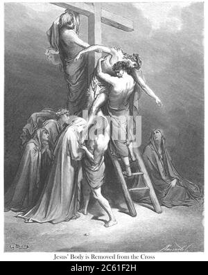 Jesus' Körper wird vom Kreuz (oder der Abstieg vom Kreuz) entfernt [Matthäus 27:57-58] aus dem Buch "Bible Gallery" illustriert von Gustave Dore mit Memoir of Dore und beschreibenden Brief-Presse von Talbot W. Chambers D.D. Herausgegeben von Cassell & Company Limited in London und gleichzeitig von Mame in Tours, Frankreich im Jahr 1866 Stockfoto