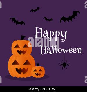 Kürbisstapel. Happy Halloween Text Banner auf lila Hintergrund Stock Vektor