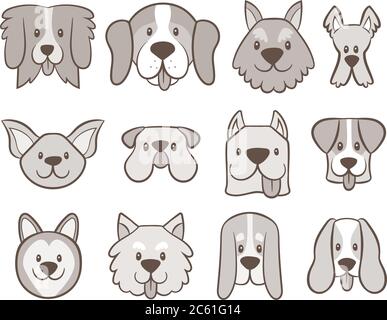 Handgezeichnete Dog Faces Kollektion. Avatar Icon Set isoliert auf weiß. Vektorgrafik. Stock Vektor