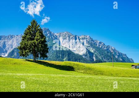 Landschaftsansicht am Walchsee bei Koessen am Wilden und Zahmer Kaiser in Tirol, Österreich. Stockfoto