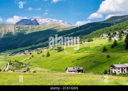 Sommer Blick von Livigno, eine italienische Stadt in der Provinz Sondrio in der Lombardei und renommierten Sommer und Winter Ferienort in den Alpen, Italien. Stockfoto