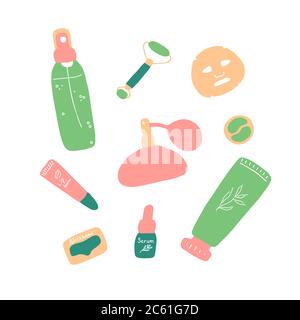 Hautpflege. Kosmetische Produkte und Zubehör. Beauty-Symbole für Digital und Print. Niedliche handgezeichnete flache Vektorgrafik Stock Vektor