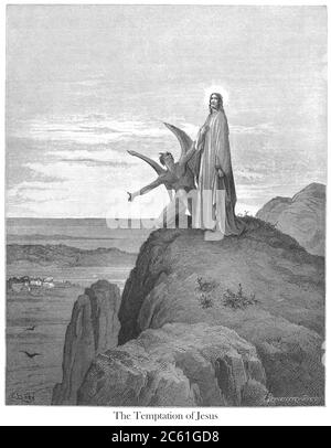 Die Versuchung Jesu [Lukas 4:7-8] aus dem Buch "Bible Gallery" illustriert von Gustave Dore mit Memoir of Dore und Beschreibenden Brief-Presse von Talbot W. Chambers D.D. Herausgegeben von Cassell & Company Limited in London und gleichzeitig von Mame in Tours, Frankreich im Jahr 1866 Stockfoto