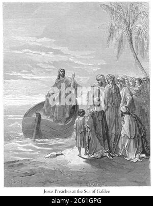 Jesus predigt am See von Galiläa [Lukas 5:3] aus dem Buch "Bible Gallery" illustriert von Gustave Dore mit Memoir of Dore und beschreibenden Brief-Presse von Talbot W. Chambers D.D. Herausgegeben von Cassell & Company Limited in London und gleichzeitig von Mame in Tours, Frankreich im Jahr 1866 Stockfoto