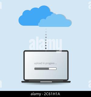 Cloud-Storage-Service-Konzept, Hochladen von Daten vom lokalen Laptop-Computer in die Cloud Vektor-Illustration Stock Vektor