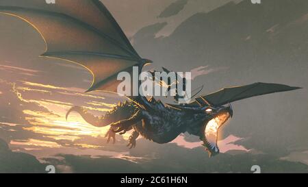 Der schwarze Ritter Reiten der Drache fliegen in den Sonnenuntergang Himmel, digitale Kunst Stil, Illustration Malerei Stockfoto