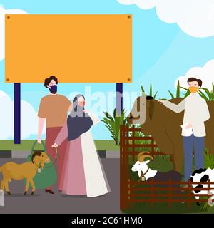 Paar männliche und weibliche tragen Maske kaufen Ziege für Opfer islamischen heiligen Tag von Eid al-Adha mit flachen Cartoon-Stil. Stock Vektor