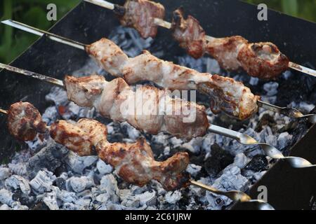 Kochen Grill Spieße. Marinierte Kebab ist auf Holzkohle gegrillt. Shish Kebab Grill von Lamm, Schwein, Rind, Huhn. Roastbeef Spieße auf Ba Stockfoto