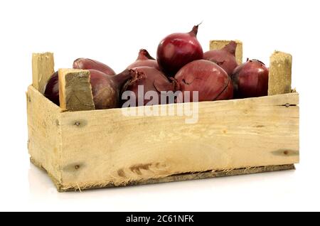 Rote und braune Zwiebeln in einer Holzkiste auf weißem Hintergrund Stockfoto