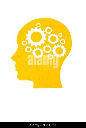 Abbildung mit menschlichen Kopf mit Zahnrädern in abstrakten Stil auf weißem Hintergrund. Kreativer Kopf. Abstrakte Technologie Hintergrund. Business Mechanismus conce Stockfoto