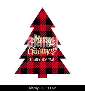 Fröhliche Weihnachtsschrift auf karierter Baumform. Roter und schwarzer Farbanhänger oder -Druck. Vektor Winter Urlaub Design isoliert auf weißem Hintergrund Stock Vektor