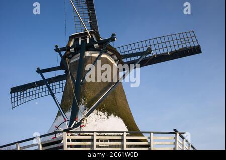 Die Maismühle an der Wand der ehemaligen Festungsstadt Sloten in Friesland in den Niederlanden heißt im Winter mit Schnee De Kaai Stockfoto