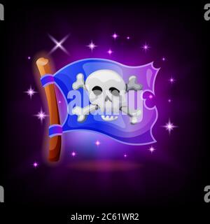 Pirate Flagge Videospiel-Symbol mit funkelt auf dunklem Hintergrund. Jolly Roger mobile Anwendung UI Vektor Illustration, Cartoon-Stil Stock Vektor