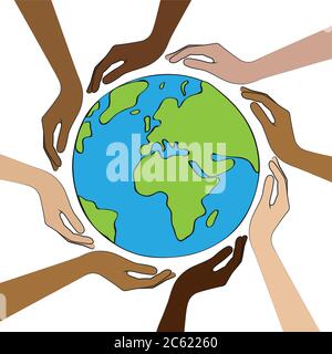 Der Planet Erde in der Mitte der Hände mit unterschiedlichen Hautfarben Vektor-illustration EPS 10. Stock Vektor