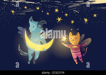 Vektor Kindermärchen Illustration mit verträumten Hund und Katze, Mond und Stern auf einem Hintergrund von Sternenhimmel. Stock Vektor