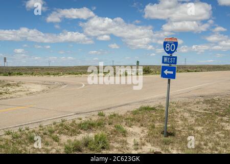 Interstate 80 West Highway Sign, Rock Springs Wyoming, USA Stockfoto