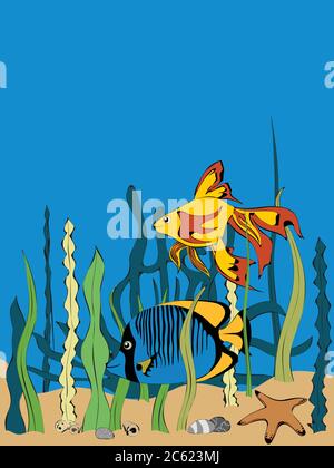 Handgezeichnete Illustration von zwei tropischen Fischen Cartoons Stil Schwimmen Unterwasser mit Meeresvegetation Sterne Fischschalen und Kieselsteine Hintergrund Stock Vektor