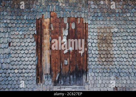 Holzwand Hintergrund mit alten verwitterten Dach Schindeln mit Überresten von blauer Farbe, mit Copyspace für Ihren Text oder kreative Gestaltung gemacht Stockfoto
