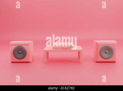 3D-Rendering von Lautsprechern und Verstärker minimaler Stil bei Home Entertainment-Design Illustration Rendering auf einem rosa Hintergrund Stockfoto