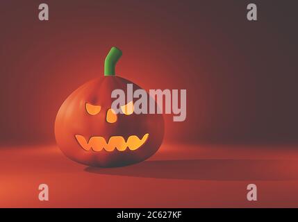 3D-Rendering von Scary Jack O Laterne Halloween Kürbis dunkelorange Farbe Kopf mit Kerzenlicht innen auf dunkelorange Hintergrund Design Illustration Stockfoto