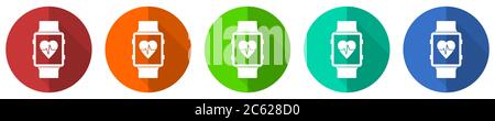 Smartwatch Icon Set, Smart Watch, Fitness, rot, blau, grün und orange flache Design Web-Tasten isoliert auf weißem Hintergrund, Vektor-Illustration Stock Vektor