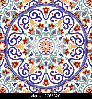 Nahtloses, farbenfrohes Muster mit türkischem Motiv. Handgezeichnetes, nahtloses abstraktes Muster aus floralem Mandala. Majolika Keramik Fliesen, blau, gelb Azulejo Stock Vektor